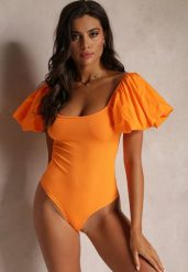 Pomarańczowe Body z Prążkowanej Tkaniny i Ozdobnymi Bufiastymi Rękawami Lenitte. Brązowe body i gorsety Renee, bez wzorów, prążkowane, bez ramiączek. W wyprzedaży za 50.99 zł.