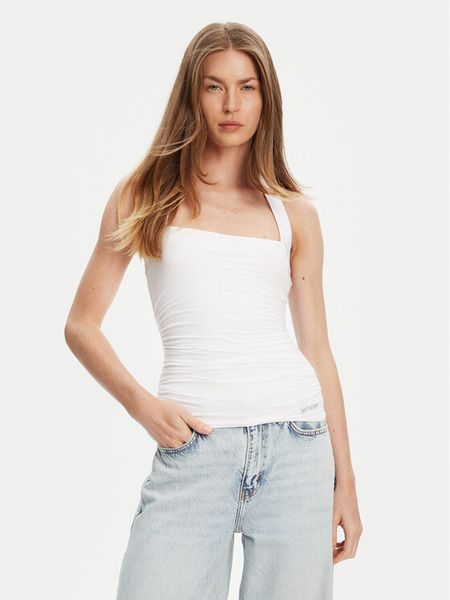 Guess Top W5YP28 KACM2 Biały Regular Fit. Białe topy Guess, l, z aplikacjami, bez kołnierzyka, bez ramiączek. Za 117.99 zł.