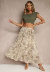 Beżowa Rozkloszowana Spódnica w Kwiatowy Wzór z Plisami i Metalicznym Nadrukiem Follanea. Brązowe spódnice Renee, na co dzień, l, bez wzorów, eleganckie, maxi, koszulowe. W wyprzedaży za 63.99 zł.
