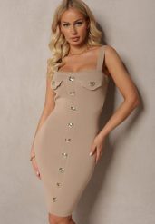 Beżowa Sukienka Prążkowana na Ramiączkach z Guzikami Pasinne. Brązowe sukienki Renee, na co dzień, s, z aplikacjami, prążkowane, eleganckie, bez kołnierzyka, bez ramiączek, mini, dopasowane. W wyprzedaży za 47.99 zł.