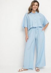 Niebieski Wiskozowy Komplet Oversize Koszula z Krótkim Rękawem i Spodnie Dovilissea. Niebieskie koszule Born2be, m, bez wzorów, z wiskozy, eleganckie, bez kołnierzyka, bez ramiączek. Za 169.99 zł.
