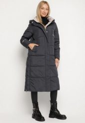 Granatowa Długa Kurtka Pikowana z Kapturem i Bocznymi Suwakami Aruvitta. Niebieskie kurtki Born2be, l, bez wzorów, z dresówki, eleganckie, z kapturem. Za 329.99 zł.