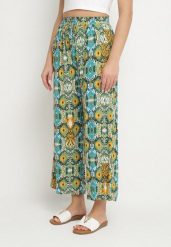 Zielone Spodnie Szerokie z Bawełny w Etno Print Tolivenna. Zielone jeansy Born2be, bez wzorów, z bawełny, eleganckie. Za 49.99 zł.
