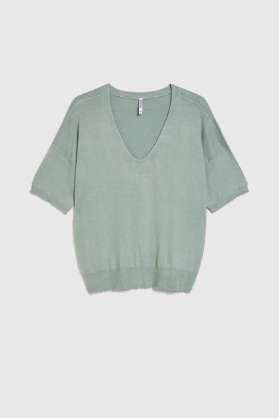 Sweter z krótkimi rękawami oliwkowy. Zielone swetry MOODO, l, bez wzorów, z poliamidu, bez ramiączek. Za 89.99 zł.