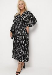 Czarno-Biała Rozkloszowana Sukienka Maxi z Gumką w Talii i Abstrakcyjnym Wzorem Akallia. Białe sukienki Born2be, l, bez wzorów, eleganckie, bez kołnierzyka, bez ramiączek, maxi, plisowane. W wyprzedaży za 90.99 zł.