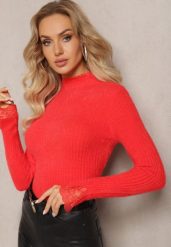 Czerwony Wełniany Golf z Elastycznej Dzianiny Starbana. Czerwone swetry Renee, bez wzorów, z dzianiny, bez ramiączek. Za 34.99 zł.