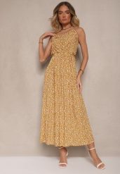 Żółta Rozkloszowana Sukienka z Bawełny na Ramiączkach Jenarissea. Żółte sukienki Renee, na wesele, l, bez wzorów, z bawełny, eleganckie, bez kołnierzyka, bez ramiączek, maxi, kopertowe. W wyprzedaży za 39.99 zł.