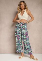 Zielono-Różowe Bawełniane Spodnie High Waist Szerokie we Wzór Boho Tolioria. Zielone jeansy Renee, bez wzorów, z bawełny, biznesowe, z podwyższonym stanem. W wyprzedaży za 20.99 zł.