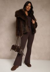 Brązowe Spodnie Dzwony z Wiskozą High Waist Tusrima. Brązowe jeansy Renee, l, bez wzorów, z jeansu, z podwyższonym stanem. Za 139.99 zł.