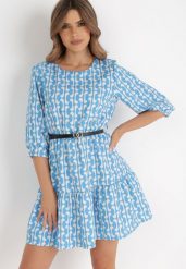Niebieska Sukienka z Paskiem Actiolea. Niebieskie sukienki Born2be, l, bez wzorów, klasyczne, bez kołnierzyka, bez ramiączek, mini. Za 219.99 zł.