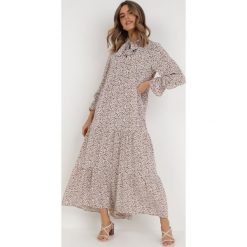 Brązowo-Biała Sukienka Elime. Białe sukienki Born2be, l, z aplikacjami, bez kołnierzyka, bez ramiączek, maxi, rozkloszowane. W wyprzedaży za 84.99 zł.