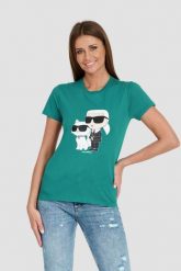 KARL LAGERFELD Turkusowy t-shirt Ikonik 2.0. Niebieskie t-shirty KARL LAGERFELD, s, bez wzorów, bez kołnierzyka, bez ramiączek. W wyprzedaży za 299.99 zł.