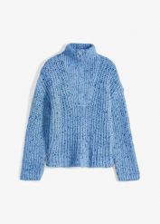 Sweter ze stójką, z domieszką wełny. Niebieskie swetry bonprix, bez wzorów, z wełny, bez ramiączek. Za 169.99 zł.