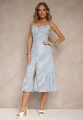 Niebieska Rozkloszowana Sukienka z Wiskozą na Cienkich Ramiączkach z Guzikami Efrisela. Niebieskie sukienki Renee, na spacer, l, bez wzorów, z wiskozy, eleganckie, bez kołnierzyka, bez ramiączek, midi, rozkloszowane. W wyprzedaży za 91.99 zł.