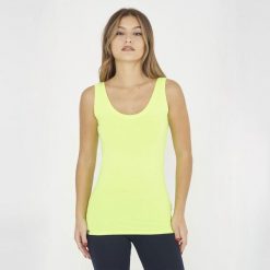 Top na siłownię damski RAITA żółty fluo. Żółte topy LEGEA, bez wzorów, z materiału, sportowe, bez kołnierzyka, bez ramiączek. Za 39.00 zł.