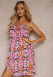 Różowo-Pomarańczowa Rozkloszowana Sukienka z Bawełny na Ramiączkach Tessadra. Czerwone sukienki Renee, na co dzień, xl, bez wzorów, z bawełny, eleganckie, bez kołnierzyka, bez ramiączek, mini, rozkloszowane. W wyprzedaży za 27.99 zł.