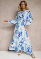 Niebieska Sukienka z Wiskozą o Rozkloszowanym Kroju w Kwiatowy Print Ridiorielle. Niebieskie sukienki Renee, na co dzień, l, z aplikacjami, z jeansu, bez kołnierzyka, bez ramiączek, maxi, kopertowe. W wyprzedaży za 119.99 zł.