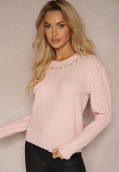 Różowy Sweter Zakończony Ściągaczem z Perłami Miarina. Czerwone swetry Renee, na jesień, bez wzorów, z jeansu, casualowe, bez ramiączek. W wyprzedaży za 111.99 zł.
