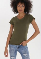 Ciemnozielony T-shirt Delolle. Zielone t-shirty Born2be, l, bez wzorów, z bawełny, casualowe, bez kołnierzyka, bez ramiączek. W wyprzedaży za 21.24 zł.