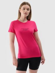 4F T-shirt slim z nadrukiem damski - różowy S. Czerwone t-shirty 4f, s, bez wzorów, z dzianiny, klasyczne, bez kołnierzyka, bez ramiączek. W wyprzedaży za 29.99 zł.