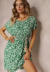 Zielona Wiskozowa Mini Sukienka w Kwiatowy Print z Gumką w Pasie Frolia. Zielone sukienki Renee, l, bez wzorów, z wiskozy, bez kołnierzyka, bez ramiączek, mini. W wyprzedaży za 35.99 zł.