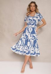 Niebieska Bawełniana Sukienka z Abstrakcyjnym Motywem i Guzikami Talivea. Niebieskie sukienki Renee, na co dzień, l, bez wzorów, z bawełny, eleganckie, bez kołnierzyka, bez ramiączek, midi, proste. W wyprzedaży za 43.99 zł.