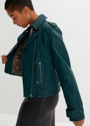 Kurtka biker. Zielone kurtki bonprix, z aplikacjami, ze skóry, bez kaptura. Za 189.99 zł.