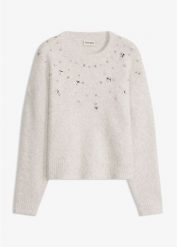 Sweter z aplikacją i domieszką wełny. Szare swetry bonprix, z aplikacjami, z wełny, bez ramiączek. Za 159.99 zł.