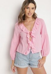 Różowa Bawełniana Bluzka z Wiązaniem Zdobiona Falbankami Idinlla. Czerwone bluzki Born2be, m, z aplikacjami, z bawełny, eleganckie, bez kołnierzyka, bez ramiączek. W wyprzedaży za 93.49 zł.