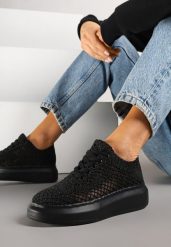 Czarne Sneakersy Typu Tenisówki z Ażurową Cholewką i Skórzaną Wkładką Sonelis. Czarne trampki Renee, w ażurowe wzory, z jeansu, boho, bez zapięcia. W wyprzedaży za 107.99 zł.
