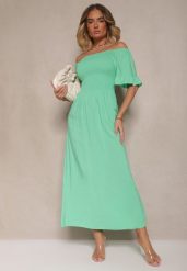 Jasnozielona Rozkloszowana Sukienka Hiszpanka z Bawełny z Elastyczną Górą Maissa. Zielone sukienki Renee, na co dzień, l, bez wzorów, z bawełny, eleganckie, bez kołnierzyka, bez ramiączek, midi, rozkloszowane. W wyprzedaży za 43.99 zł.