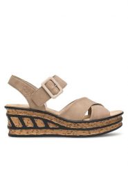 Rieker Sandały 68163-62 Beżowy. Brązowe sandały Rieker, bez wzorów, z syntetyku, bez obcasa, na koturnie, bez zapięcia. Za 299.99 zł.