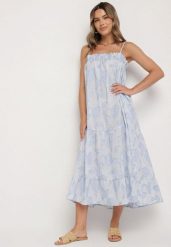 Niebieska Rozkloszowana Sukienka z Bawełny Ozdobiona Kwiatami Merialea. Niebieskie sukienki Born2be, na co dzień, l, bez wzorów, z bawełny, eleganckie, bez kołnierzyka, bez ramiączek, proste. W wyprzedaży za 169.99 zł.