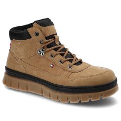 Brązowe Trapery Tommy Hilfiger Wygodne Buty Damskie. Brązowe botki Tommy Hilfiger, bez wzorów, ze skóry ekologicznej, sportowe, bez obcasa, bez zapięcia. Za 319.00 zł.