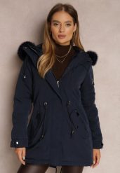 Granatowa Kurtka Parka z Kapturem z Futerkiem Jossie. Niebieskie kurtki Renee, na jesień, l, bez wzorów, z materiału, z kapturem. W wyprzedaży za 202.99 zł.