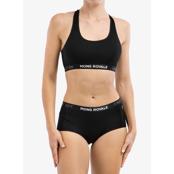 Biustonosz sportowy Mons Royale Sierra Sports Bra. Czarne biustonosze sportowe Mons Royale, bez wzorów, do biegania. Za 198.99 zł.