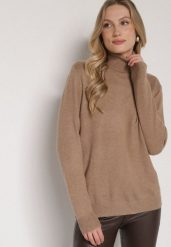Beżowy Casualowy Golf z Wełną o Prostym Kroju Reiselia. Brązowe swetry Born2be, uniwersalny, bez wzorów, z bawełny, bez ramiączek. Za 79.99 zł.