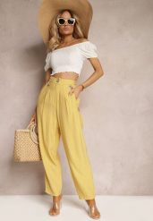 Żółte Spodnie High Waist Ozdobione Cyrkoniami Sajara. Żółte jeansy Renee, na lato, l, bez wzorów, z jeansu, z podwyższonym stanem. W wyprzedaży za 68.99 zł.
