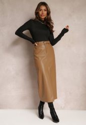 Beżowa Ołówkowa Spódnica Maxi z Ekoskóry i Paskiem Evell. Brązowe spódnice Renee, m, z aplikacjami, eleganckie, maxi, ołówkowe. W wyprzedaży za 151.99 zł.