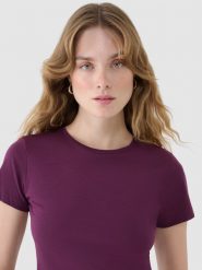 4F T-shirt slim z modalem damski - fioletowy L. Fioletowe t-shirty 4f, l, bez wzorów, z bawełny, klasyczne, bez kołnierzyka, bez ramiączek. W wyprzedaży za 39.99 zł.