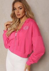Fuksjowa Bluza Rozpinana z Wyszytą Emotką i Kapturem Cornoria. Czerwone bluzy Renee, l, bez wzorów, z dzianiny, bez ramiączek. W wyprzedaży za 55.99 zł.