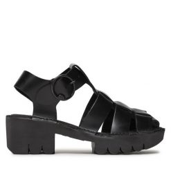 Sandały Fly London. Czarne sandały Fly London, bez wzorów, bez obcasa, na słupku, bez zapięcia. Za 459.99 zł.