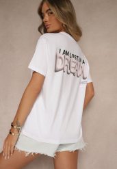 Biało-Różowy T-shirt z Bawełny Ozdobiony Nadrukiem Adneria. Białe t-shirty Renee, l, bez wzorów, z bawełny, bez kołnierzyka, bez ramiączek. W wyprzedaży za 51.99 zł.