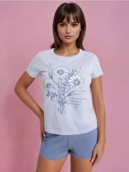 Piżama dwuczęściowa z nadrukiem - błękitny. Niebieskie piżamy Sinsay, l, bez wzorów, bez kołnierzyka, bez ramiączek. Za 19.99 zł.