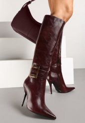 Bordowe Kozaki na Szpilce z Metaliczną Klamrą Evelinna. Czerwone kozaki Renee, bez wzorów, eleganckie, bez obcasa, na obcasie, bez zapięcia. Za 199.99 zł.