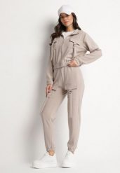 Beżowy Komplet Dresowy Bluza Rozpinana i Spodnie Slim w Stylu Utility Telavienna. Brązowe bluzy Born2be, m, bez wzorów, z dresówki, eleganckie, bez ramiączek, bez kaptura. W wyprzedaży za 84.99 zł.