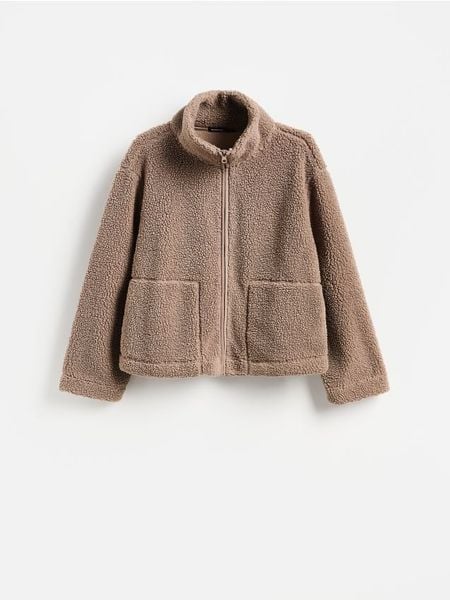 Bluza sherpa ze stójką - beżowy. Brązowe bluzy Reserved, l, bez wzorów, z dzianiny, bez kaptura. Za 129.99 zł.