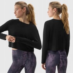 LONGSLEEVE DAMSKI 4F CROP-TOP DO JOG BLUZA Z DODATKIEM MODALU KOLOR CZARNY. Czarne bluzy bez kaptura 4f, l, bez wzorów, z materiału, bez kaptura, do biegania. Za 79.99 zł.