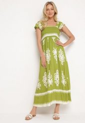 Zielona Boho Sukienka z Wiskozy na Szerokich Ramiączkach z Gumkami w Pasie i Falbanką Cleria. Zielone sukienki Born2be, na co dzień, m, bez wzorów, z wiskozy, boho, bez kołnierzyka, bez ramiączek, maxi, kopertowe. W wyprzedaży za 101.99 zł.