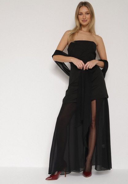 Czarna Koktajlowa Sukienka z Odkrytymi Ramionami i Dodatkowym Szalem Krynaya. Czarne sukienki Born2be, na imprezę, m, bez wzorów, klasyczne, bez kołnierzyka, bez ramiączek, kopertowe. Za 139.99 zł.